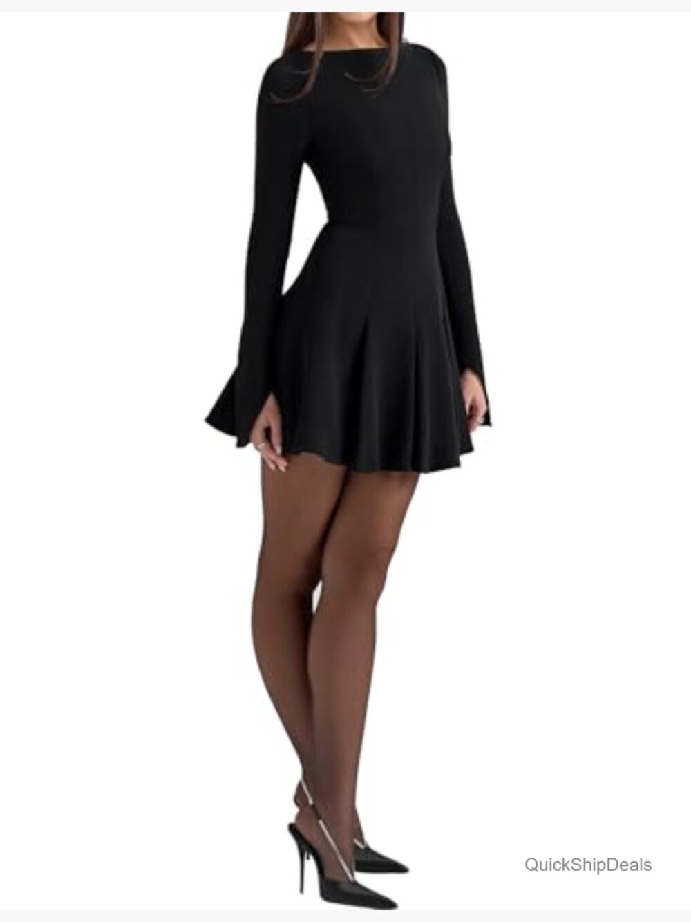 Long Sleeve Boat Neck Bodycon Mini Dress Pleated Fit and Flare Prom Dress - Picture 3 of 6